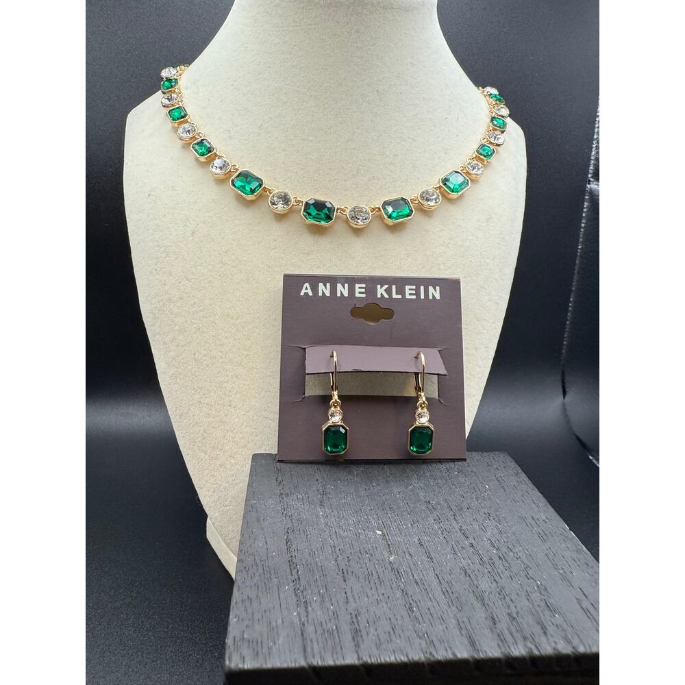 Anne Klein Green and Clear Gold Tone Necklace & Earring Set